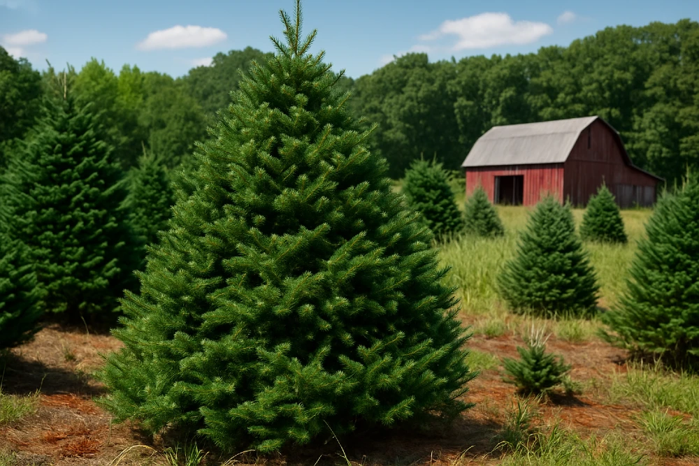 Canaan Fir Christmas Trees with a barn in the background