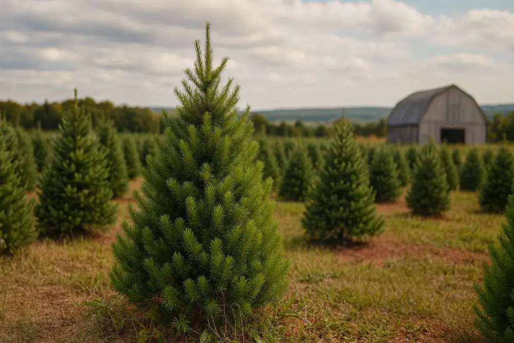 Lodgepole Pine Christmas Tree with a barn in the background